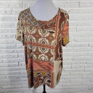 Jules Leopold Womens Top 1X Plus Short Sleeve Brown Paisley Poly Blend PAI37E
